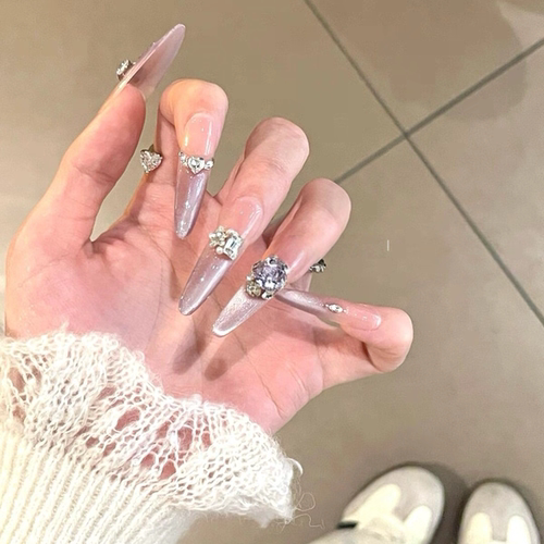 【云纱黎雾】纯手工穿戴甲春夏新款轻奢碎钻猫眼紫色细狗显白美甲