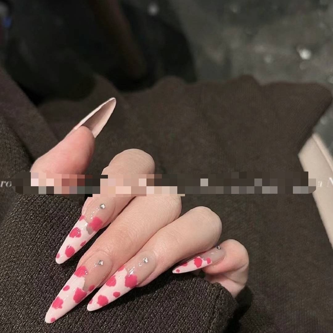 了了纯手工穿戴甲欧美辣妹粉豹法式美长款甲贴片ins可拆卸