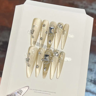 高级轻奢冰透爆闪法式 春季 2025新款 猫眼满钻纯手工穿戴甲 原创