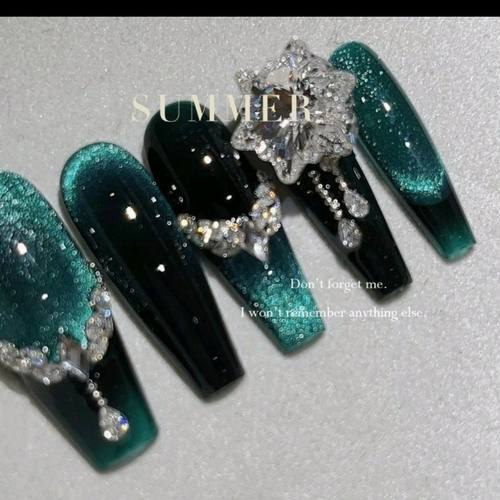 纯手工穿戴甲【原创|绿光加特琳】锆石穿戴美甲