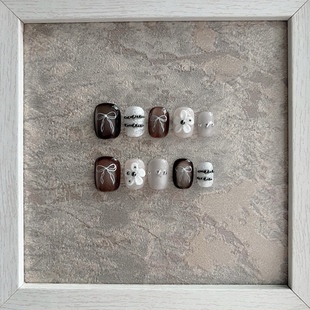 秋冬可爱ins风咖色猫眼美甲手绘蝴蝶结雕花穿戴甲 甜豆巧巧