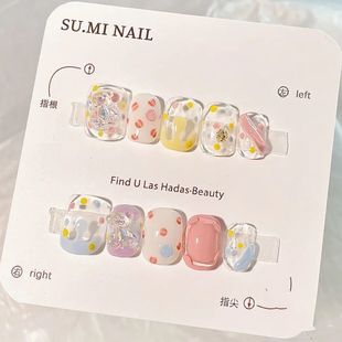 小红书爆款 贴片学生贴片可拆卸 敲甜小甜心小熊波点手工甲穿戴甲