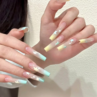 奶黄星-显白清新手绘五角星渐变自然温柔素甲可爱俏皮ins星星美甲