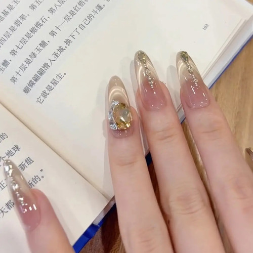 【香槟虾线】春夏金色猫眼高位法式纯手工穿戴甲夏季美甲