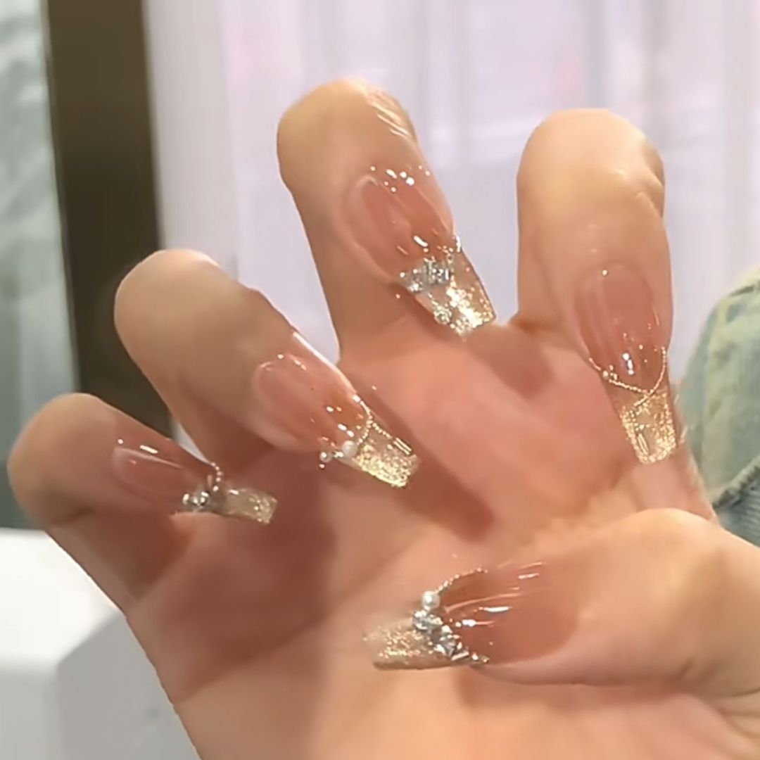 鱼尾玫瑰美人鱼纯手工穿戴甲金沙猫眼法式爆闪金色猫眼落日