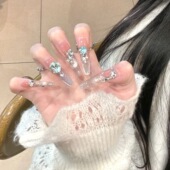 纯手工显温柔白冰透渐变微笑猫眼宽光小碎钻方钻沦陷西西里穿戴甲