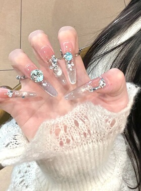 纯手工显温柔白冰透渐变微笑猫眼宽光小碎钻方钻沦陷西西里穿戴甲