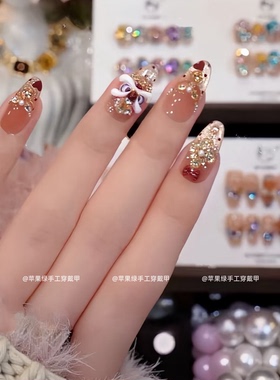 春节新年醒狮纯手工美甲穿戴甲片可爱猫眼蝴蝶结短款战甲高级指甲