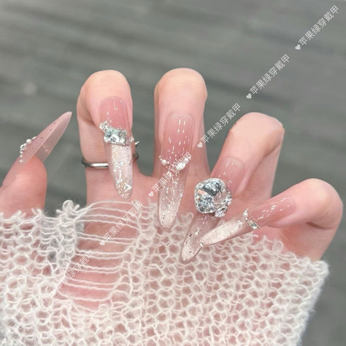 【冰莓式】夏季氛围感润透美甲爆闪渐变蜜桃色猫眼细闪堆钻穿戴甲