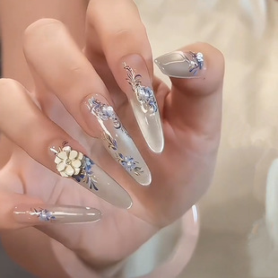 纯欲美甲鎏金工艺双层烫花手工穿戴甲 春夏国风新中式 白釉青花