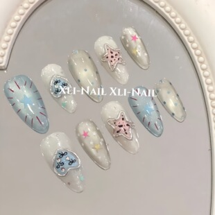 2026新款 手工可爱少女心粉蓝色美甲超仙爱心撞色圣光纯手绘穿戴甲
