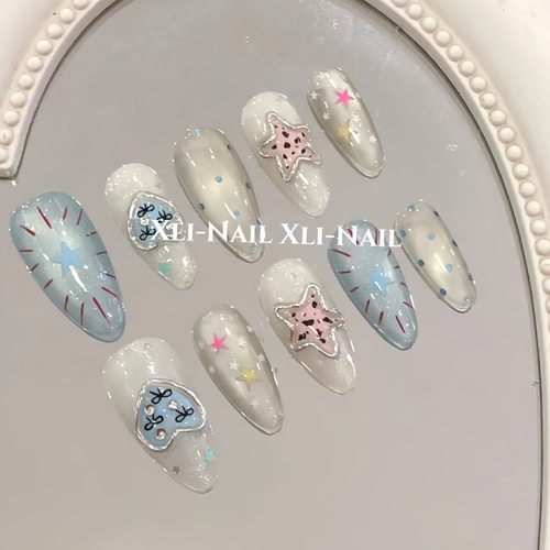 2026新款手工可爱少女心粉蓝色美甲超仙爱心撞色圣光纯手绘穿戴甲