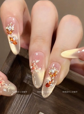 【花月金鲤】锦鲤国风掐丝珐琅手绘花裸色猫眼金色美甲纯手工甲片