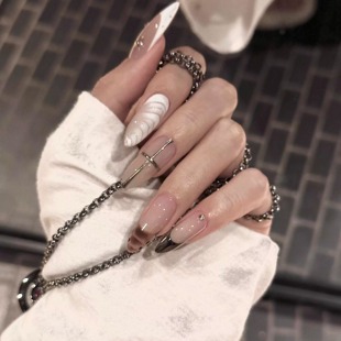 纯手工穿戴甲手绘鳄鱼纹美甲暗黑系晕染金属线条法式 气质欧美甲