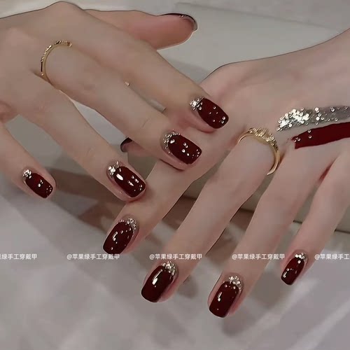 【酒红碎金】红色反法式手工穿戴甲短款秋冬高级感显白美甲穿戴甲