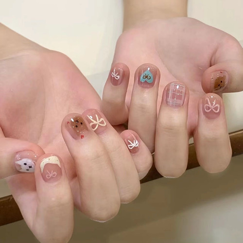 猫猫小熊蝴蝶结手工穿戴甲少女短甲美甲贴片假指甲小红书爆款学生