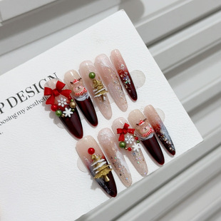 新年圣诞猫眼蝴蝶结纯手工穿戴摆摊成品美甲 圣诞麋鹿