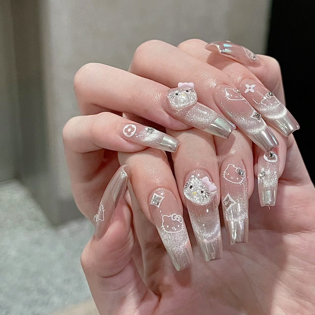 纯手工美甲穿戴甲片假指甲贴爆闪法式魔镜猫眼kitty美甲贴片长款