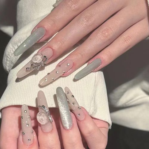 夏日墨尔本纯手工穿戴甲长款中长款奶油色巨显白指甲贴高级可拆卸