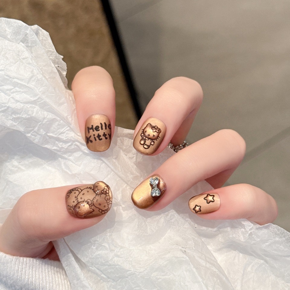 磨砂转印kitty合集秋季高级感穿戴甲可拆卸美甲贴片可爱卡通风