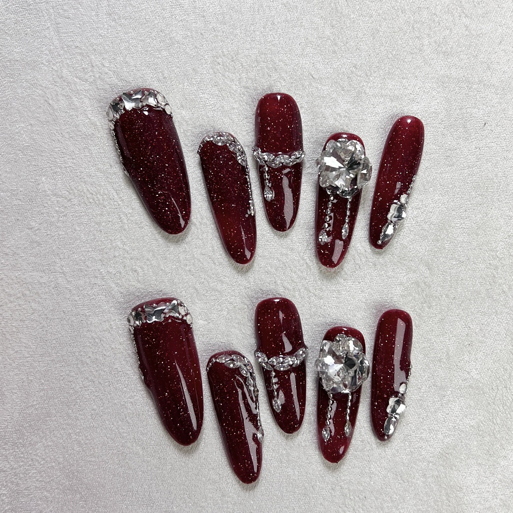 新年款红色亮片碎钻手工穿戴甲禧年抖音爆款