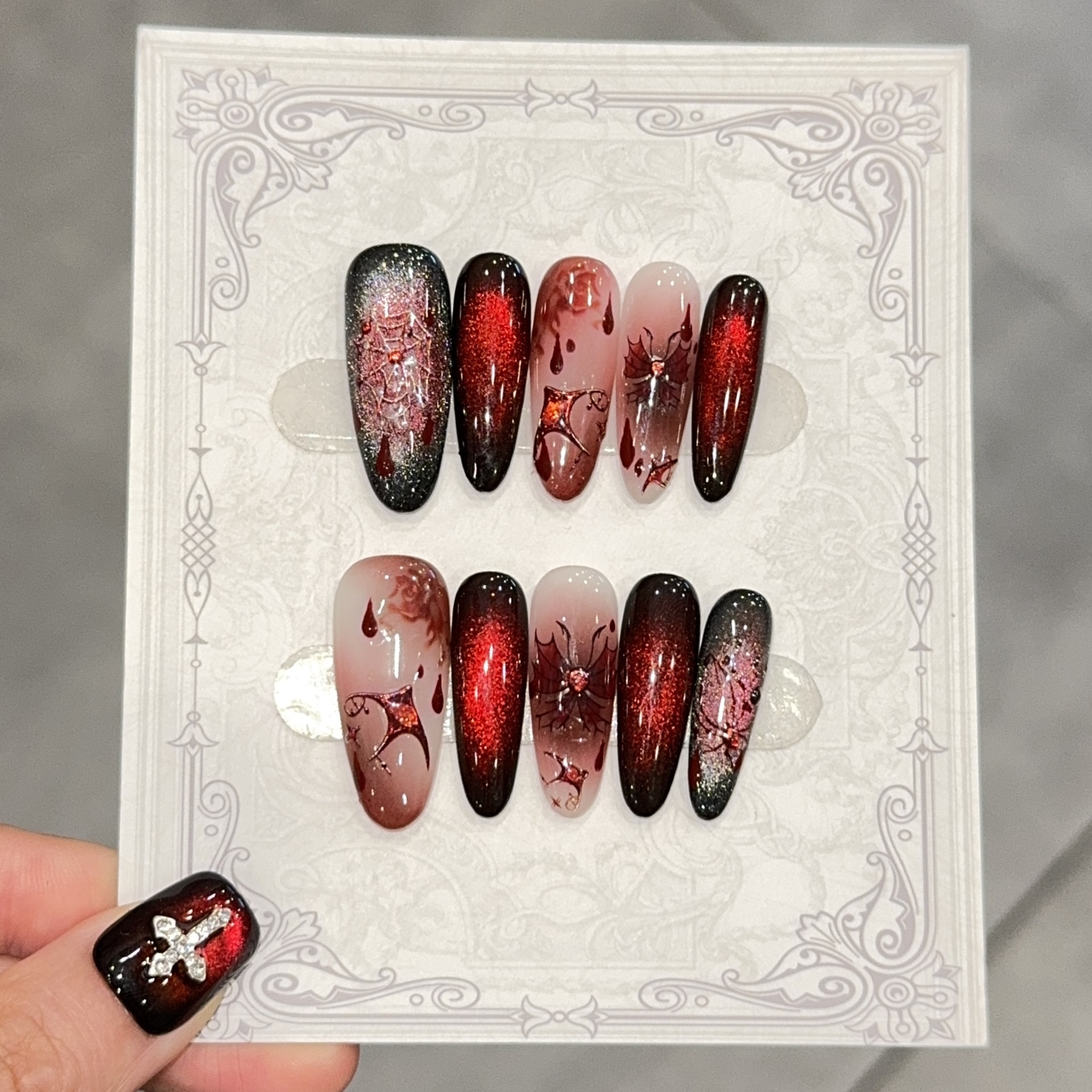 【哥特利】万圣节ins风猫眼纯手工穿戴甲长款显白美甲贴片假指甲