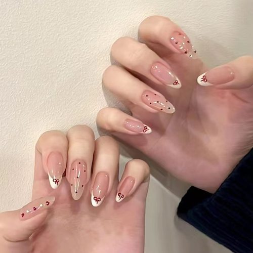 手绘酒红法式蝴蝶结波点小爱心纯手工穿戴甲