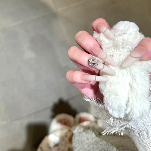 纯手工穿戴甲镂空法式高级感裸色爆闪钻球纯欲富家千金简约美甲