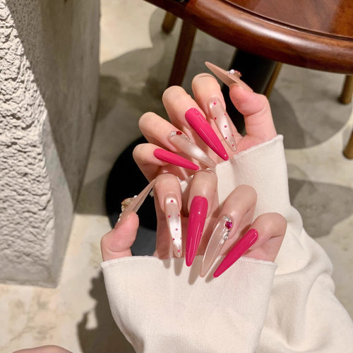 【草莓啵啵】纯手工穿戴甲431辣妹芭比玫红渐变波点