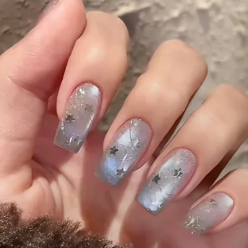 纯手工穿戴甲气质氛围感星空闪梦幻猫眼渐变蓝穿戴甲显白美甲贴片