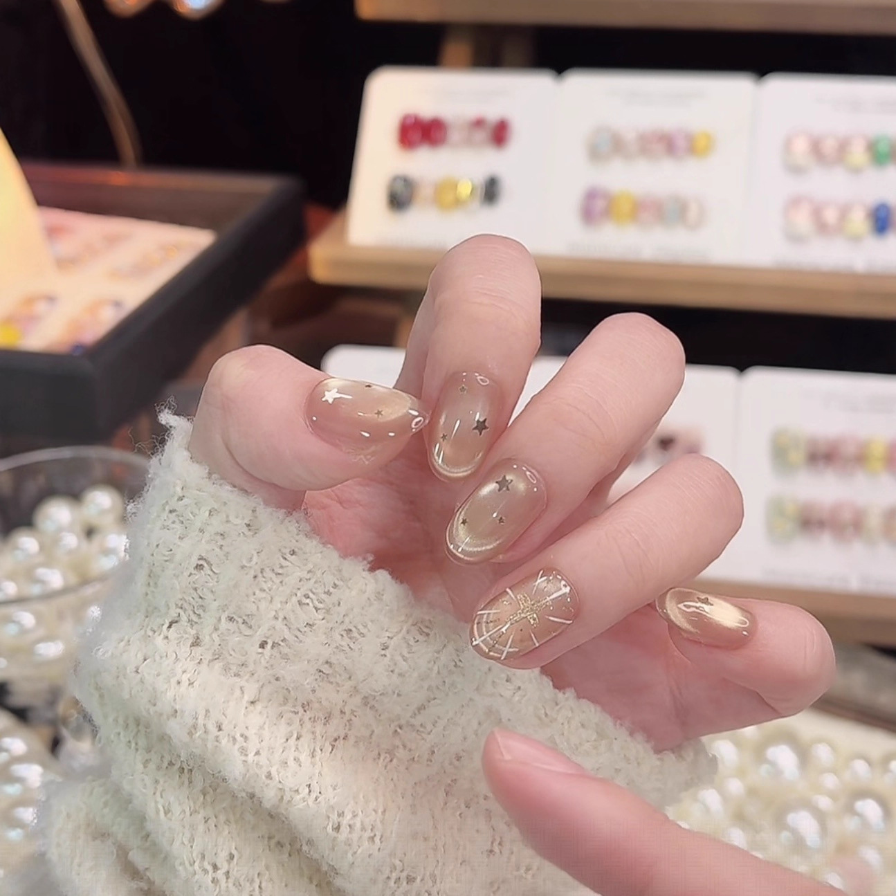 【满天星】纯手工穿戴甲秋冬五星光芒猫眼高级纯手作美甲片10片装