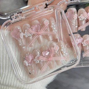 2025春夏穿戴甲爆款 猫眼纯欲爆闪温柔高级花朵超长T手工美甲