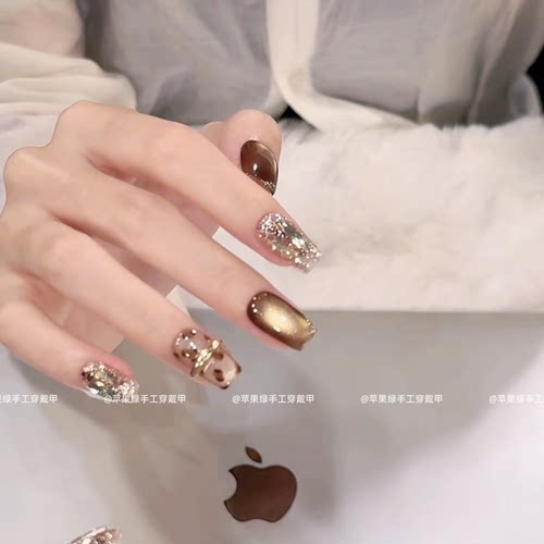 纯手工穿戴甲可拆卸短款甲片新品小众爆闪高级感豹纹猫眼显白爆款