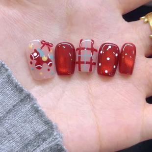 手工穿戴甲气质糖栗马卡波点酒红猫眼格纹可爱小马驹甜妹显白美甲