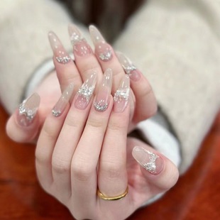 纯手工光疗穿戴甲如梦令温柔手绘石膏蝴蝶珍珠满钻爆闪手工美甲贴