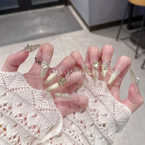 【温柔黄】春日元气感爆闪亮黄色猫眼高级感渐变法式碎钻穿戴甲片