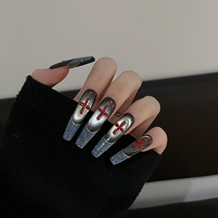 【红玉】秋冬纯手工穿戴甲高级感暗黑猫眼美甲亮片法式碎钻美甲片