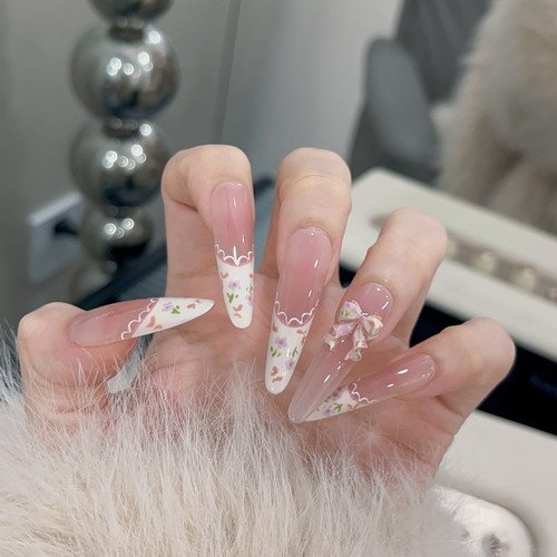 莫奈花园春季重工甲碎花裙摆手绘捏捏法式气质纯欲美甲贴片穿戴甲