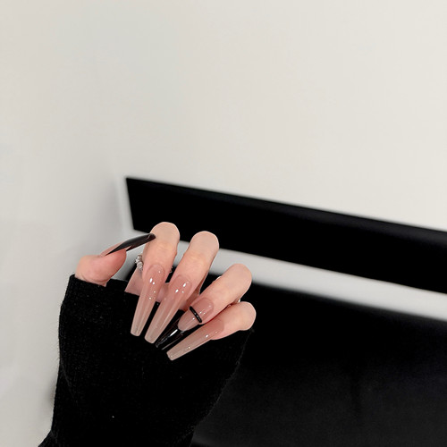 【夜与芭蕾】高级感纯手工穿戴甲冰透裸粉黑色法式尖简约欧美美甲