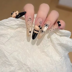 纯手工甜酷风美拉德穿戴甲黑咖Kitty猫蝴蝶结辣妹显白超长美甲贴