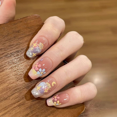 【春日油彩画】彩色星云可爱桃花猫眼穿戴甲油画中长显白爆闪美甲