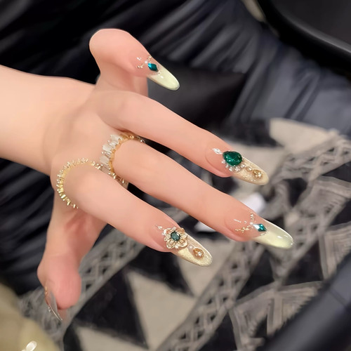「祖母绿」纯手工穿戴甲夏日中长款猫眼轻奢复古气质显白美甲贴片