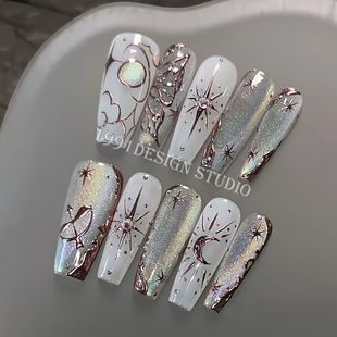 穿戴甲纯手工彩虹猫眼星月云朵蝴蝶烫金美甲贴可拆卸丘比特之箭