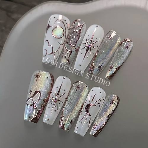 穿戴甲纯手工彩虹猫眼星月云朵蝴蝶烫金美甲贴可拆卸丘比特之箭