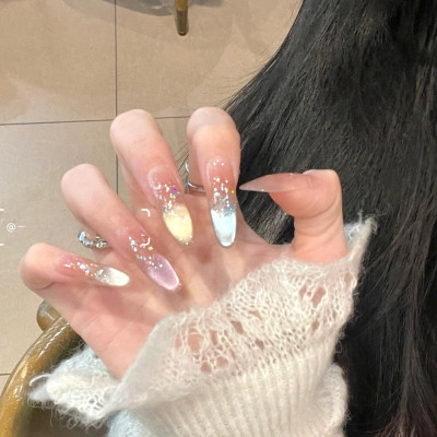 冰透彩虹糖彩色渐变猫眼美甲纯手工美甲穿戴甲片假指甲贴简约显白