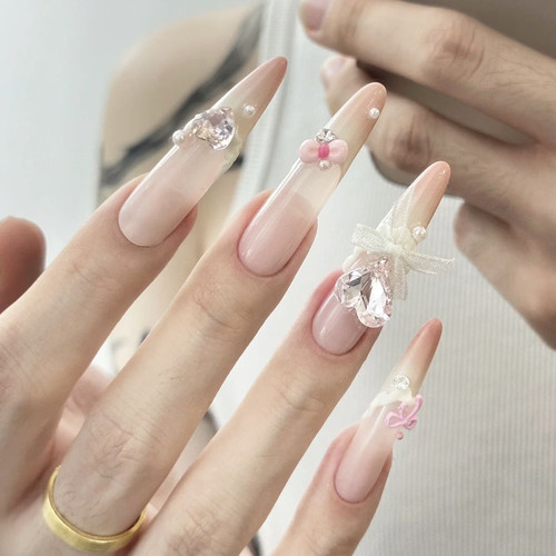 奶芙甜心纯手工法式渐变蝴蝶结立体爱心美甲温柔高级百搭穿戴甲