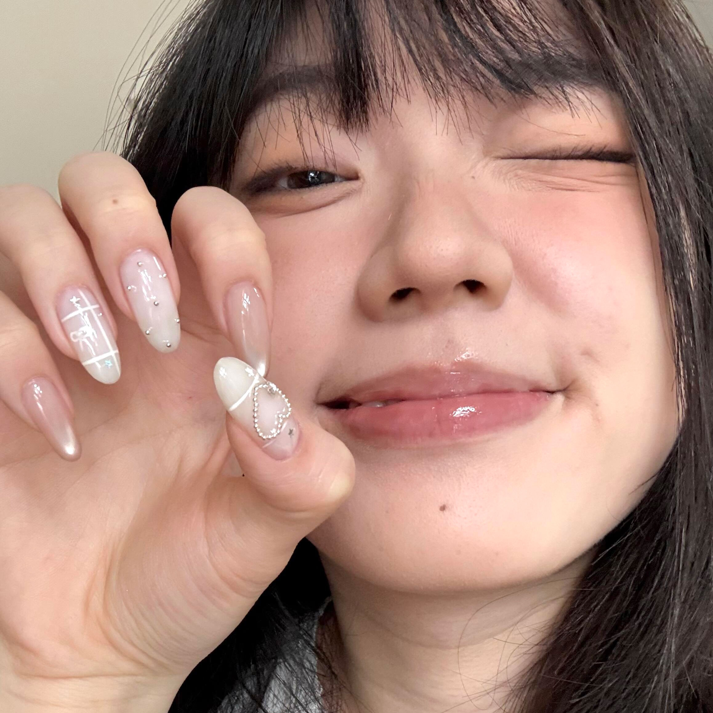 纯手工穿戴甲ins韩系裸色玻璃珠猫眼精致格纹爱心温柔显白美甲贴