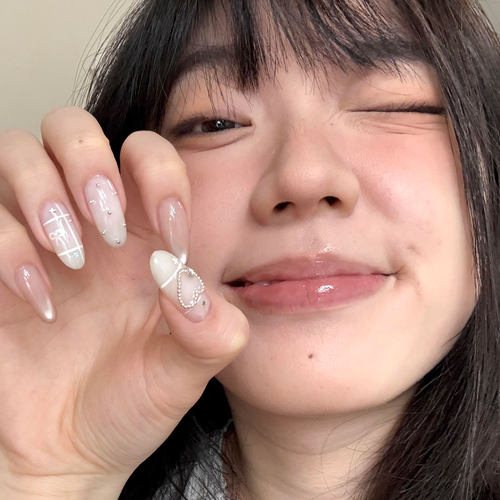 纯手工穿戴甲ins韩系裸色玻璃珠猫眼精致格纹爱心温柔显白美甲贴
