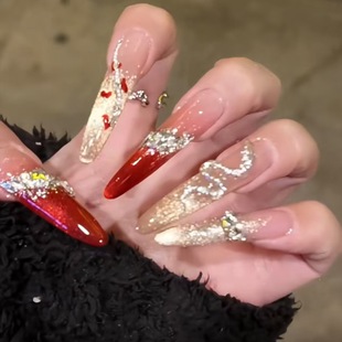 手工穿戴甲高级感法式 红色猫眼烫金镶钻显白蛇年招财金蛇美甲贴