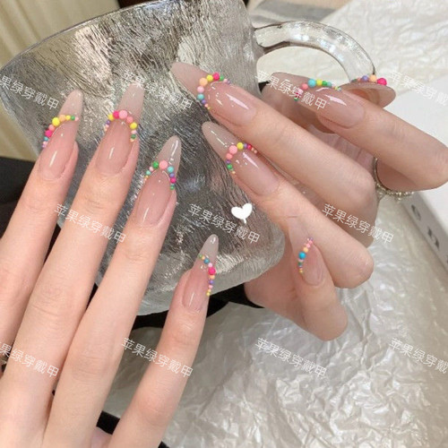 手工多巴胺彩虹糖豆裸色高级法式气质显白高级纯欲甜美穿戴美甲